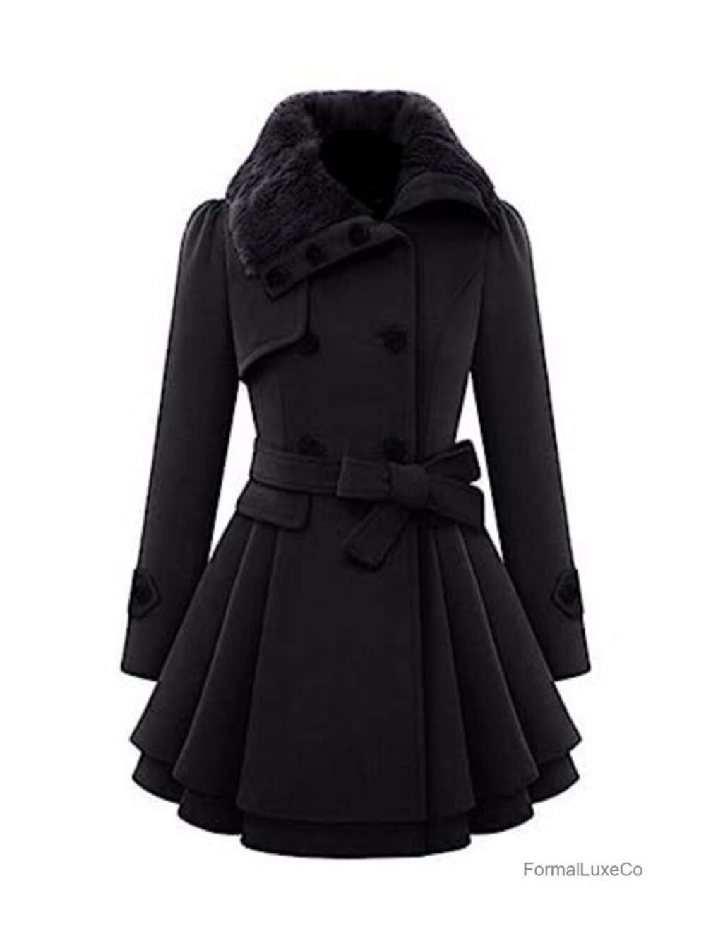 Winter Faux Fur Lapel Double-Breasted Trench Coat A-Line Wool Blend Pea Coat